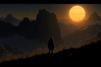 Hegyvidéki táj naplementében, felnőtt áll egyedül a dombon