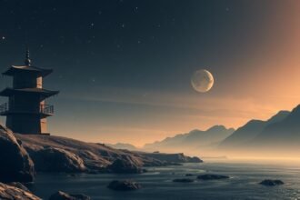 Szép kilátás egy pagodáról a tenger felett, csillagos égbolttal