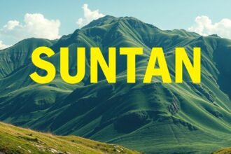 Zöld hegyek és napsütés, a természet szépsége SUNTAN felirattal.