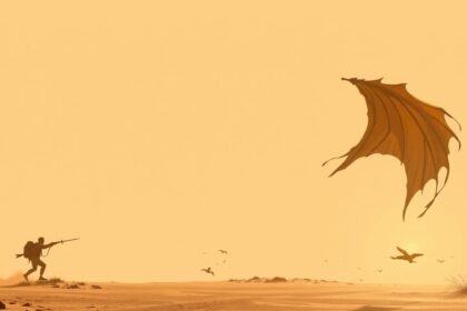 Katonai figura egy sivatagi tájban, drámai háttérrel.