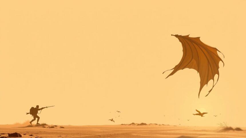 Katonai figura egy sivatagi tájban, drámai háttérrel.