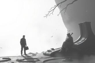 Egy hihetetlen fantázia táj, ahol egy férfi és egy misztikus figura találkozik