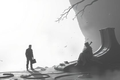 Egy hihetetlen fantázia táj, ahol egy férfi és egy misztikus figura találkozik