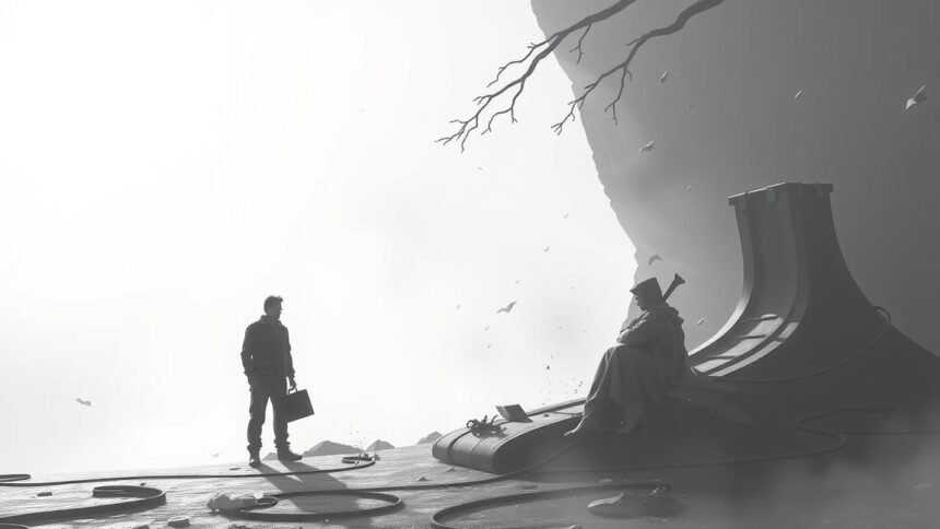 Egy hihetetlen fantázia táj, ahol egy férfi és egy misztikus figura találkozik