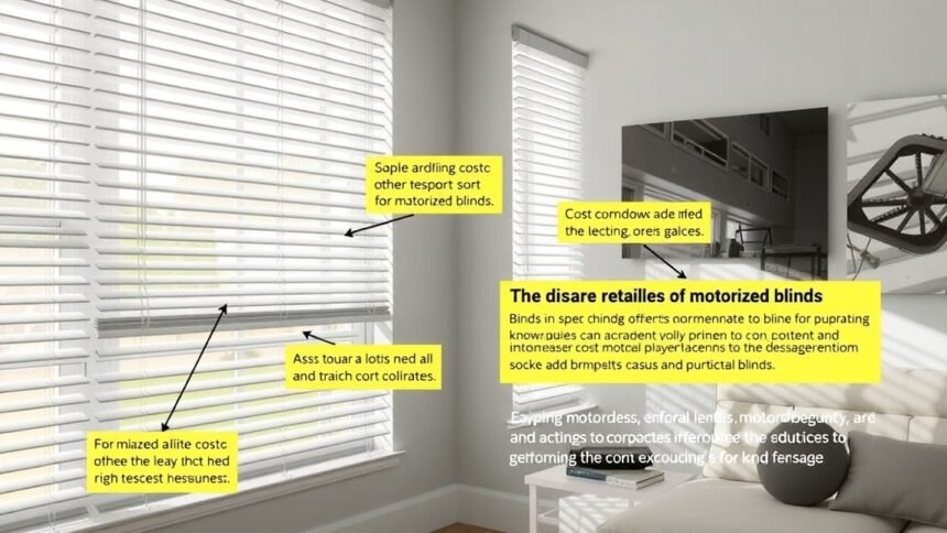 Motoros redőnyök belső térben, látható szöveggel és árakkal.