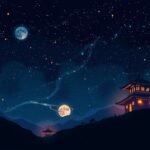 Holdfényes éjszaka egy pagoda előtt, csillagokkal teli égbolttal