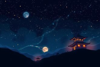 Holdfényes éjszaka egy pagoda előtt, csillagokkal teli égbolttal