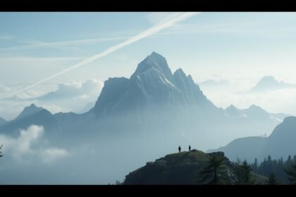 Két ember a hegytetőn, lenyűgöző hegyi tájjal a háttérben.