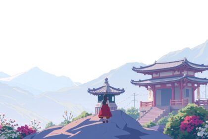 Hegyekben található hagyományos kínai épület virágokkal.