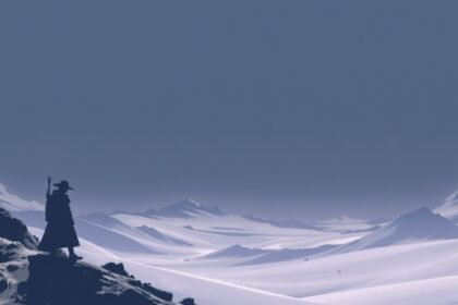 Téli táj, hegyekkel és egy magányos alakot ábrázoló sziluettel.