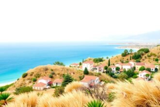 Panoráma tengerparti településről a hegyek között