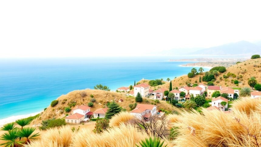 Panoráma tengerparti településről a hegyek között