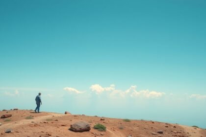 Egy férfi sétál egy hegyvidéki tájon a felhők alatt.