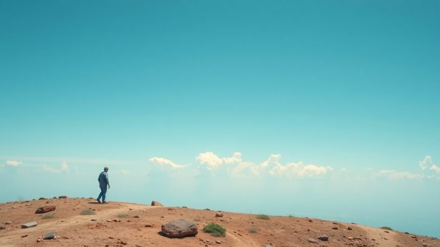 Egy férfi sétál egy hegyvidéki tájon a felhők alatt.