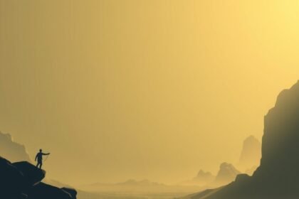 Egy hegymászó a csúcsra vezető úton, naplementében.