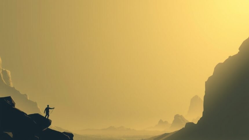 Egy hegymászó a csúcsra vezető úton, naplementében.