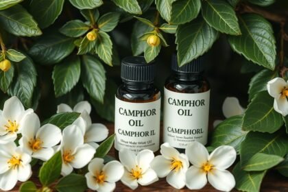 Kámforolaj üvegek virágok között, természetes egészségmegőrzés