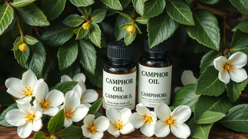 Kámforolaj üvegek virágok között, természetes egészségmegőrzés