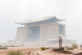 Férfi egy hatalmas, misztikus épület előtt a poros sivatagban.