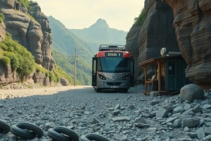 A busz a sziklás dombok között halad egy kavicsos úton.