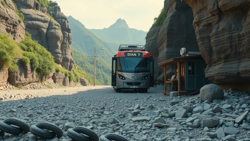 A busz a sziklás dombok között halad egy kavicsos úton.