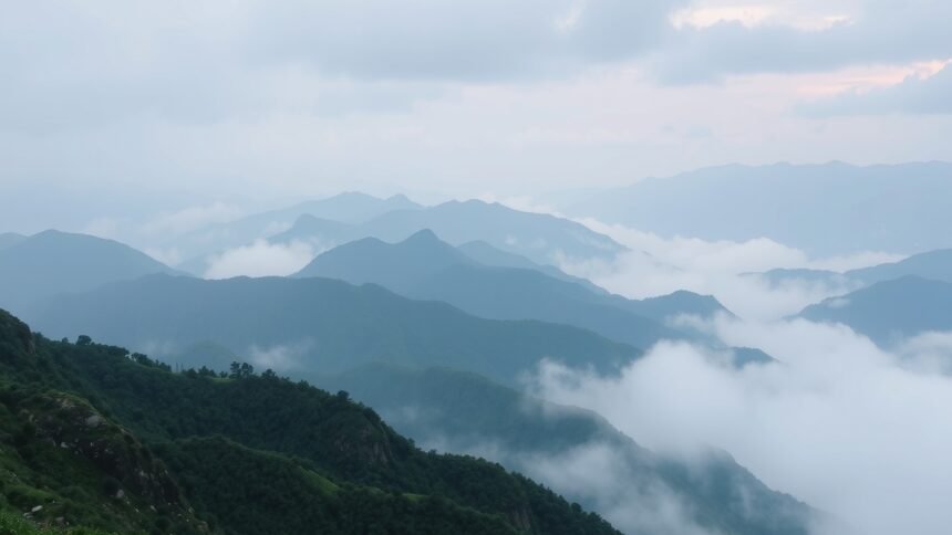 Kék hegyek és köd a horizonton, a felfedezők kalandjára utalva.