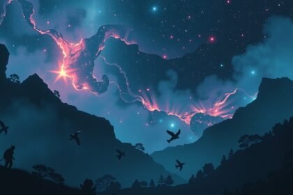 Csillagos égbolt és hegyvidéki táj fákkal és madarakkal.