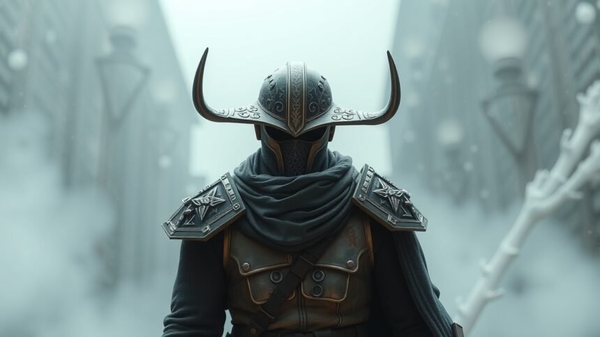 Férfi harcos sötét páncélban, titokzatos városi környezetben