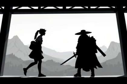 Sziluett of a girl and a warrior in a mountainous landscape