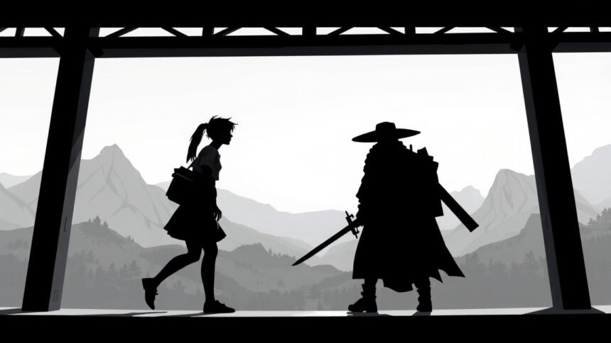 Sziluett of a girl and a warrior in a mountainous landscape