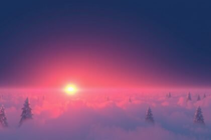 Naplemente havas tájban, fák között, ködbe burkolva.