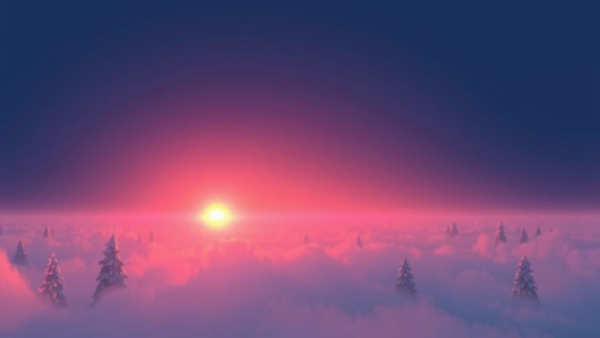 Naplemente havas tájban, fák között, ködbe burkolva.