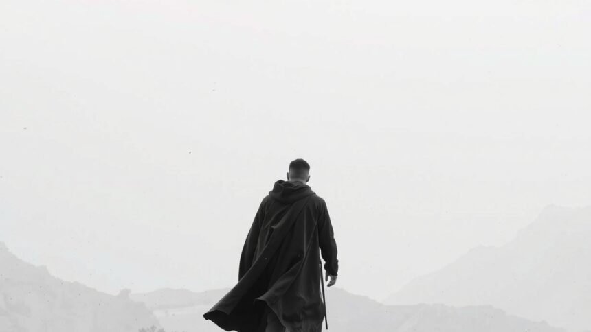 Férfi hátulról fekete köpenyben, tájban barangolva