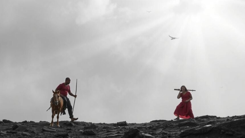 Középkori jelenet: férfi lóháton és nő fuvolával a hegytetőn