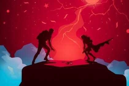 Két figura egy színes háttér előtt áll, felfedezés közben.