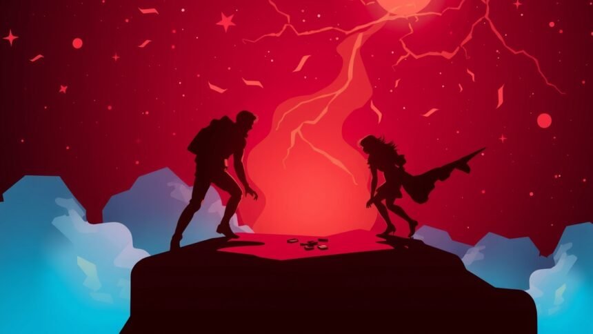 Két figura egy színes háttér előtt áll, felfedezés közben.