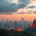 A város panorámája naplementében, kiemelkedő épületekkel és templommal.