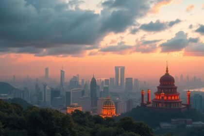 A város panorámája naplementében, kiemelkedő épületekkel és templommal.