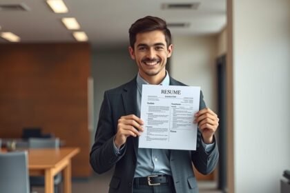 Pályakezdő férfi önéletrajzot tart a kezében, mosolyogva.