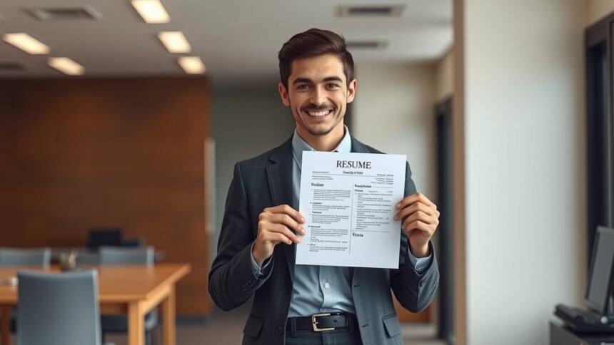 Pályakezdő férfi önéletrajzot tart a kezében, mosolyogva.