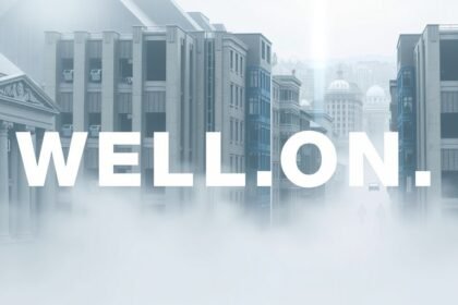 Egy városi látkép fehér ködben, a WELL.ON felirattal.