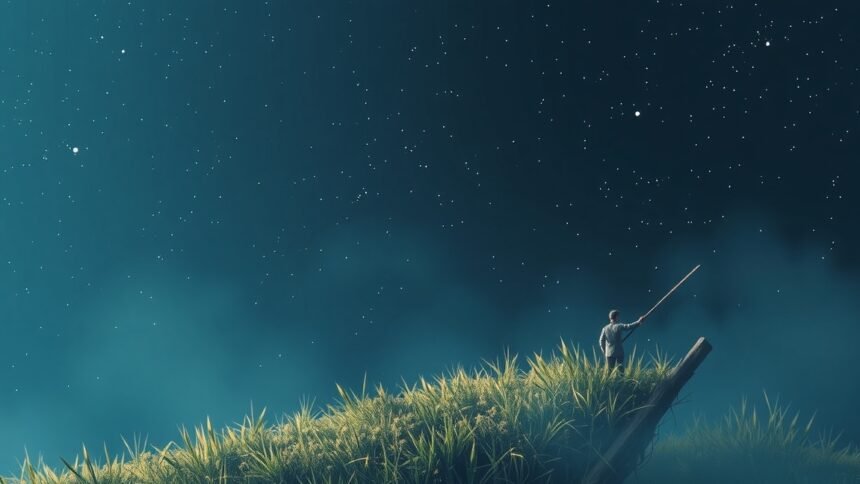 Egy férfi figyeli a csillagokat egy zöld dombon.