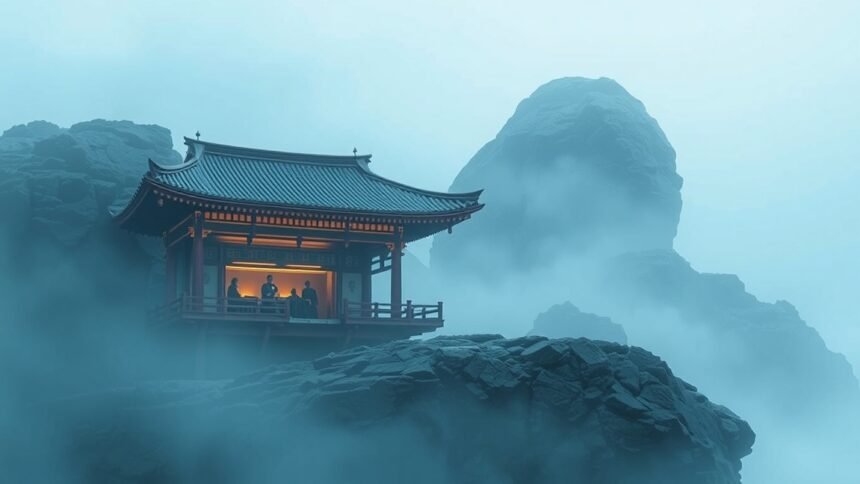 Felhős táj egy hegyvidéki pavilonnal, ahol emberek beszélgetnek.