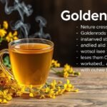 Aranyvessző tea gőzölögve egy pohárban, virágokkal körülvéve.