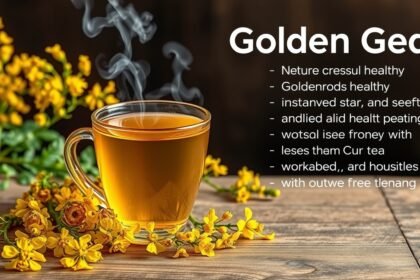 Aranyvessző tea gőzölögve egy pohárban, virágokkal körülvéve.