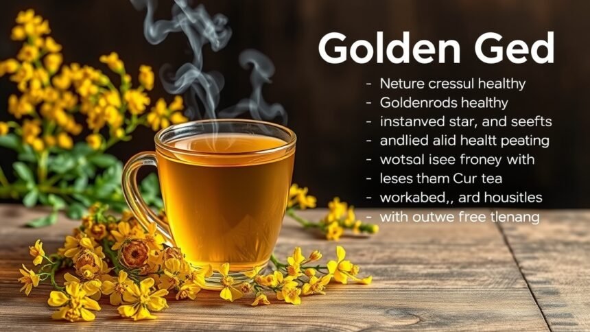 Aranyvessző tea gőzölögve egy pohárban, virágokkal körülvéve.