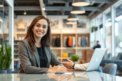 Fiatal nő mosolyogva ül az állásinterjú során egy boltban.