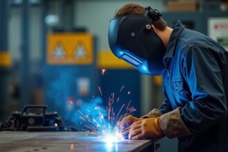 Hegesztő védőfelszerelésben biztonságos AWI hegesztést végez