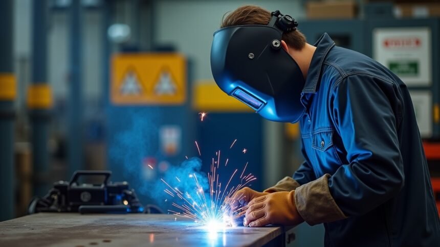 Hegesztő védőfelszerelésben biztonságos AWI hegesztést végez