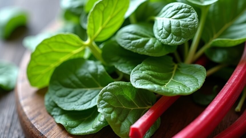 Friss leveles zöldségek és rebarbara, egészséges táplálkozás